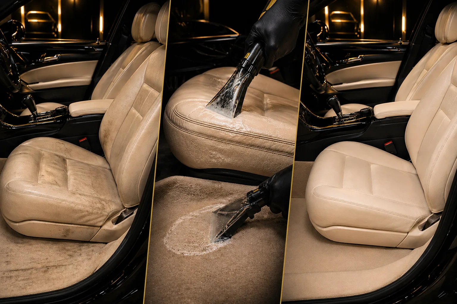 Three-panel collage showing a beige car interior before cleaning, during extraction, and after restoration